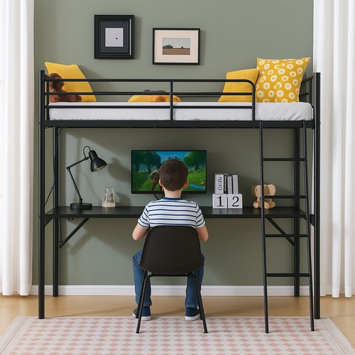 Single solid metal loft bed - single,